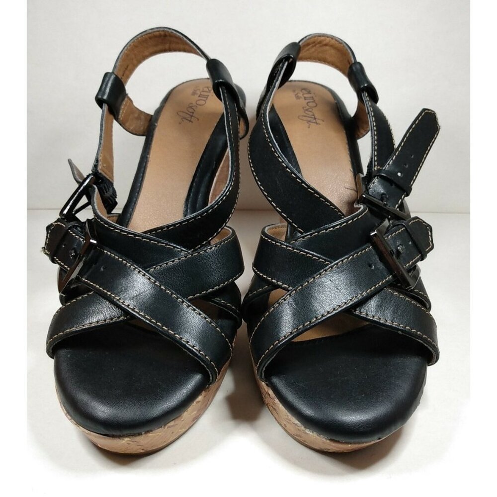 Eurosoft by Sofft Womens 9 Black Leather Cork Wedge Slingback Buckle Sandal Shoe